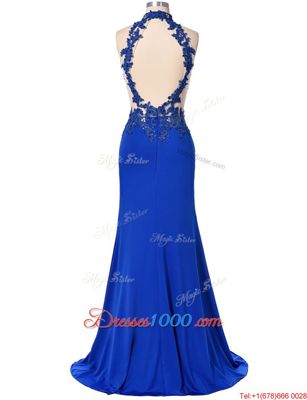 Hot Selling Backless High-neck Sleeveless Dress for Prom Floor Length Beading and Appliques Royal Blue Elastic Woven Satin