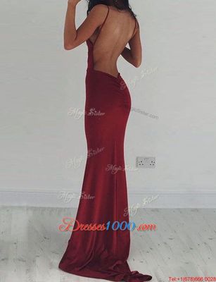 Inexpensive Mermaid Burgundy Elastic Woven Satin Backless Prom Gown Sleeveless Brush Train Ruching
