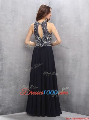 Fantastic Halter Top Black A-line Beading Formal Dresses Backless Chiffon Sleeveless Floor Length