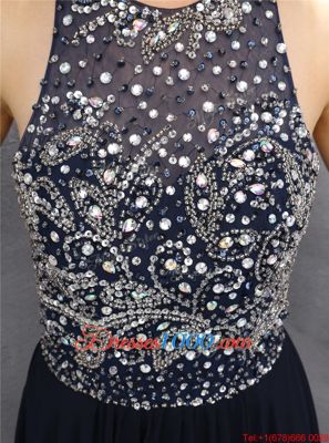 Fantastic Halter Top Black A-line Beading Formal Dresses Backless Chiffon Sleeveless Floor Length