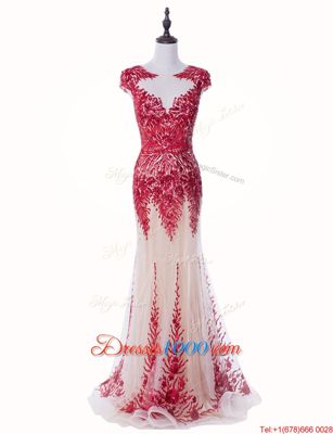 Sumptuous Brush Train Mermaid Evening Wear Red Scoop Tulle Cap Sleeves Backless