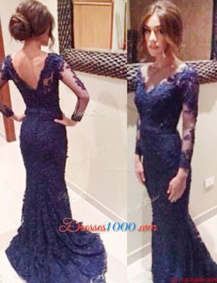 Exquisite Mermaid Navy Blue V-neck Neckline Lace Evening Dress Long Sleeves Backless