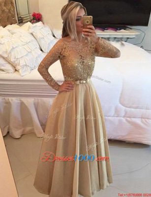High End Champagne Bateau Neckline Beading and Lace Prom Dresses Long Sleeves Zipper