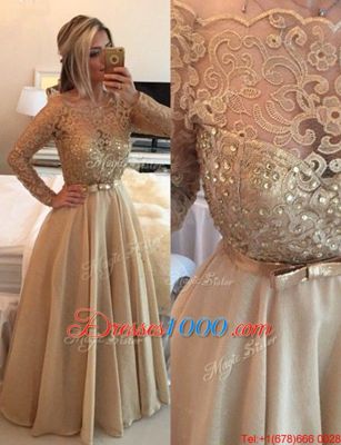 High End Champagne Bateau Neckline Beading and Lace Prom Dresses Long Sleeves Zipper