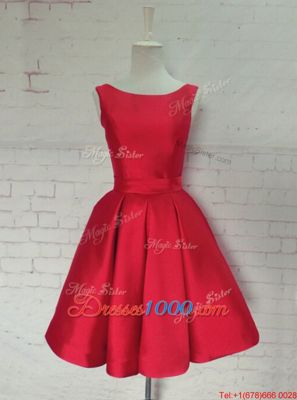 Fantastic Backless Knee Length Red Party Dresses Satin Sleeveless Ruching and Bowknot