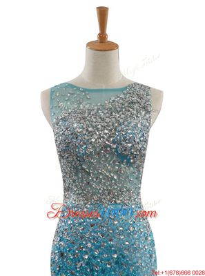 Mermaid Bateau Sleeveless Sweep Train Zipper Evening Wear Blue Tulle