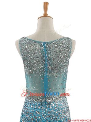 Mermaid Bateau Sleeveless Sweep Train Zipper Evening Wear Blue Tulle