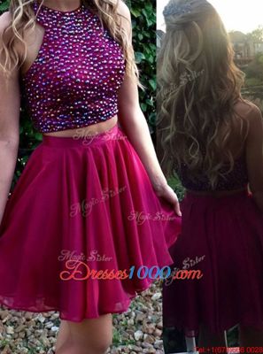 Scoop Fuchsia Zipper Prom Gown Beading Sleeveless Mini Length
