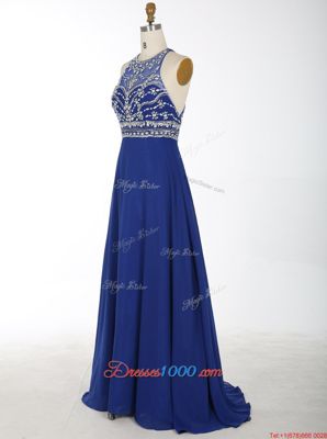 Royal Blue Criss Cross Scoop Beading Evening Dress Chiffon Sleeveless Brush Train