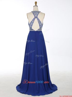 Royal Blue Criss Cross Scoop Beading Evening Dress Chiffon Sleeveless Brush Train