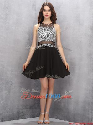 Free and Easy A-line Prom Dress Black Scoop Chiffon Sleeveless Knee Length Zipper