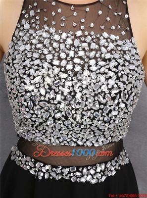 Free and Easy A-line Prom Dress Black Scoop Chiffon Sleeveless Knee Length Zipper