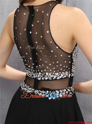 Free and Easy A-line Prom Dress Black Scoop Chiffon Sleeveless Knee Length Zipper