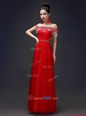 Colorful Floor Length Red Prom Party Dress Off The Shoulder Sleeveless Lace Up