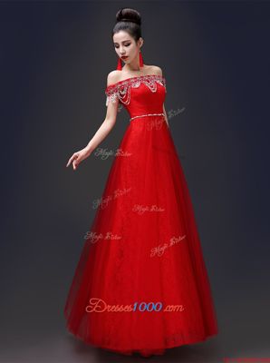 Colorful Floor Length Red Prom Party Dress Off The Shoulder Sleeveless Lace Up