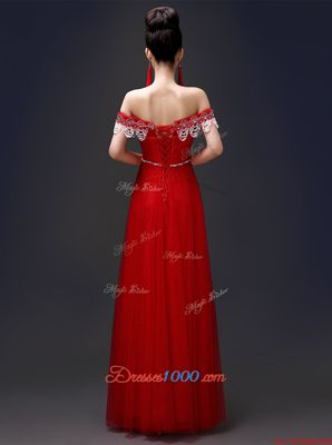 Colorful Floor Length Red Prom Party Dress Off The Shoulder Sleeveless Lace Up