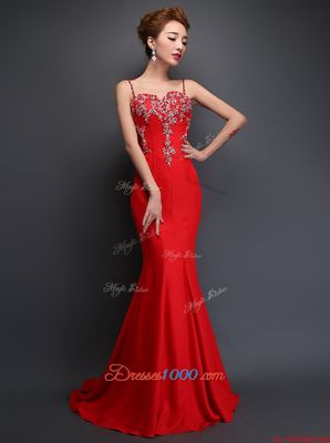Noble Mermaid Spaghetti Straps Sleeveless Satin Going Out Dresses Beading Brush Train Zipper