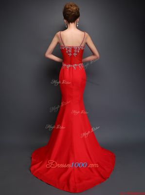 Noble Mermaid Spaghetti Straps Sleeveless Satin Going Out Dresses Beading Brush Train Zipper