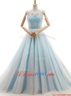 Scoop Light Blue Tulle Lace Up Prom Gown Sleeveless With Train Court Train Beading