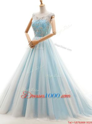 Scoop Light Blue Tulle Lace Up Prom Gown Sleeveless With Train Court Train Beading
