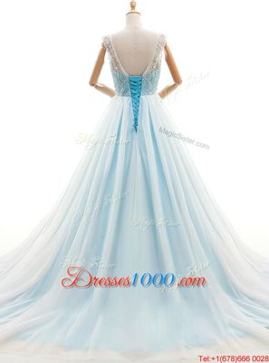 Scoop Light Blue Tulle Lace Up Prom Gown Sleeveless With Train Court Train Beading