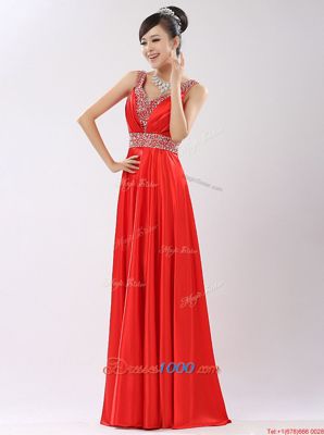 Fashionable Satin V-neck Sleeveless Zipper Beading Prom Gown in Coral Red