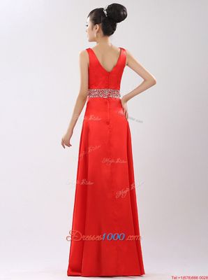 Fashionable Satin V-neck Sleeveless Zipper Beading Prom Gown in Coral Red