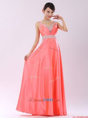 Fashionable Satin V-neck Sleeveless Zipper Beading Prom Gown in Coral Red