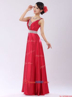 Fashionable Satin V-neck Sleeveless Zipper Beading Prom Gown in Coral Red