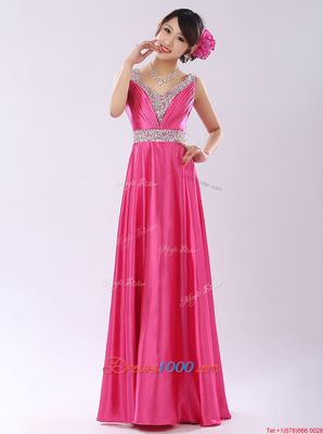 Fashionable Satin V-neck Sleeveless Zipper Beading Prom Gown in Coral Red