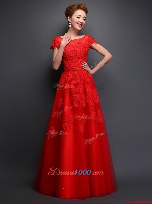 Decent Red Lace Up Scoop Beading and Appliques Homecoming Dress Tulle Cap Sleeves