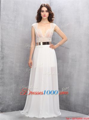 Floor Length White Prom Party Dress Chiffon Sleeveless Beading and Belt