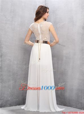 Floor Length White Prom Party Dress Chiffon Sleeveless Beading and Belt