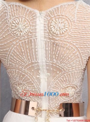 Floor Length White Prom Party Dress Chiffon Sleeveless Beading and Belt