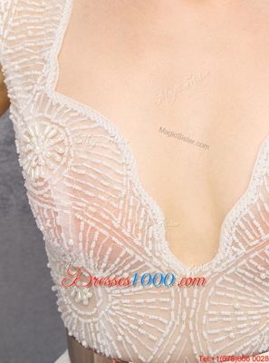 Floor Length White Prom Party Dress Chiffon Sleeveless Beading and Belt