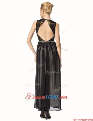 Amazing Black A-line V-neck Sleeveless Chiffon Ankle Length Backless Beading and Pleated Homecoming Dress