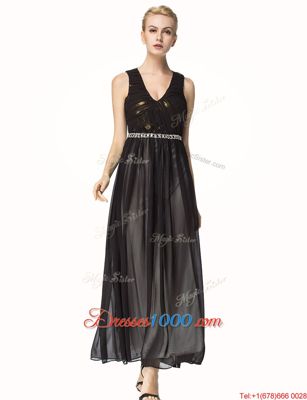 Amazing Black A-line V-neck Sleeveless Chiffon Ankle Length Backless Beading and Pleated Homecoming Dress