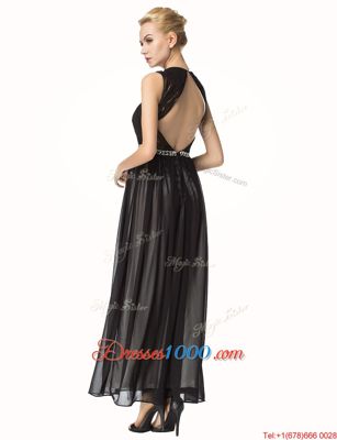 Amazing Black A-line V-neck Sleeveless Chiffon Ankle Length Backless Beading and Pleated Homecoming Dress