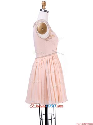 Attractive Peach Zipper Scoop Beading and Pleated Dress for Prom Chiffon Sleeveless