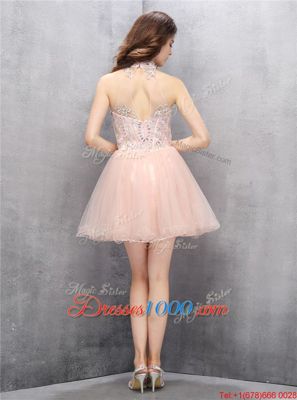 Elegant Sleeveless Zipper Mini Length Beading and Sequins Evening Dress