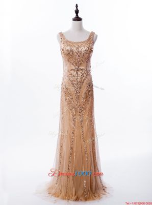 Trendy Mermaid Gold Zipper Square Beading and Sequins Prom Dresses Satin and Tulle Sleeveless Brush Train