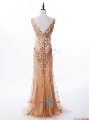 Trendy Mermaid Gold Zipper Square Beading and Sequins Prom Dresses Satin and Tulle Sleeveless Brush Train