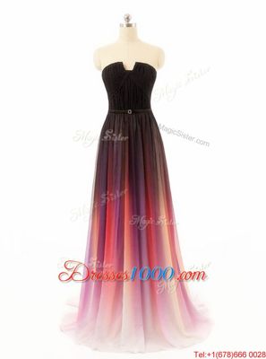 Sleeveless Chiffon and Fading Color With Train Sweep Train Zipper Juniors Evening Dress in Multi-color for with Belt