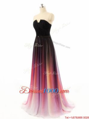 Sleeveless Chiffon and Fading Color With Train Sweep Train Zipper Juniors Evening Dress in Multi-color for with Belt