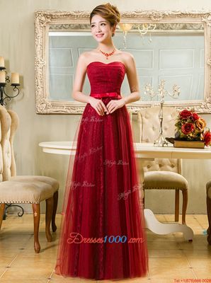 Luxurious Sweetheart Sleeveless Prom Party Dress Floor Length Belt Red Tulle and Lace