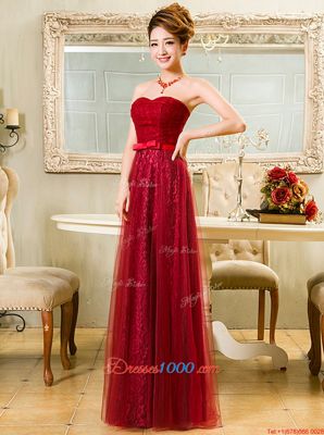 Luxurious Sweetheart Sleeveless Prom Party Dress Floor Length Belt Red Tulle and Lace