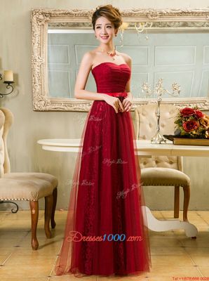 Luxurious Sweetheart Sleeveless Prom Party Dress Floor Length Belt Red Tulle and Lace