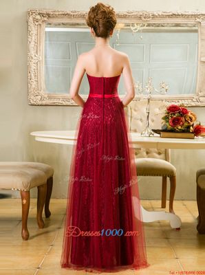 Luxurious Sweetheart Sleeveless Prom Party Dress Floor Length Belt Red Tulle and Lace