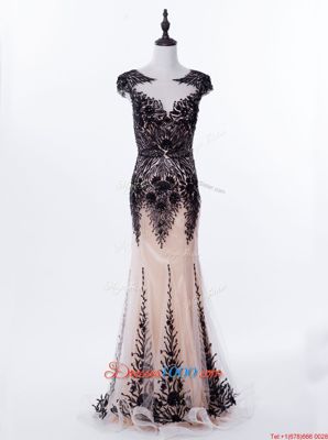 Exceptional Brush Train Mermaid Dress for Prom Black Scoop Tulle Cap Sleeves Backless