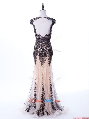 Exceptional Brush Train Mermaid Dress for Prom Black Scoop Tulle Cap Sleeves Backless